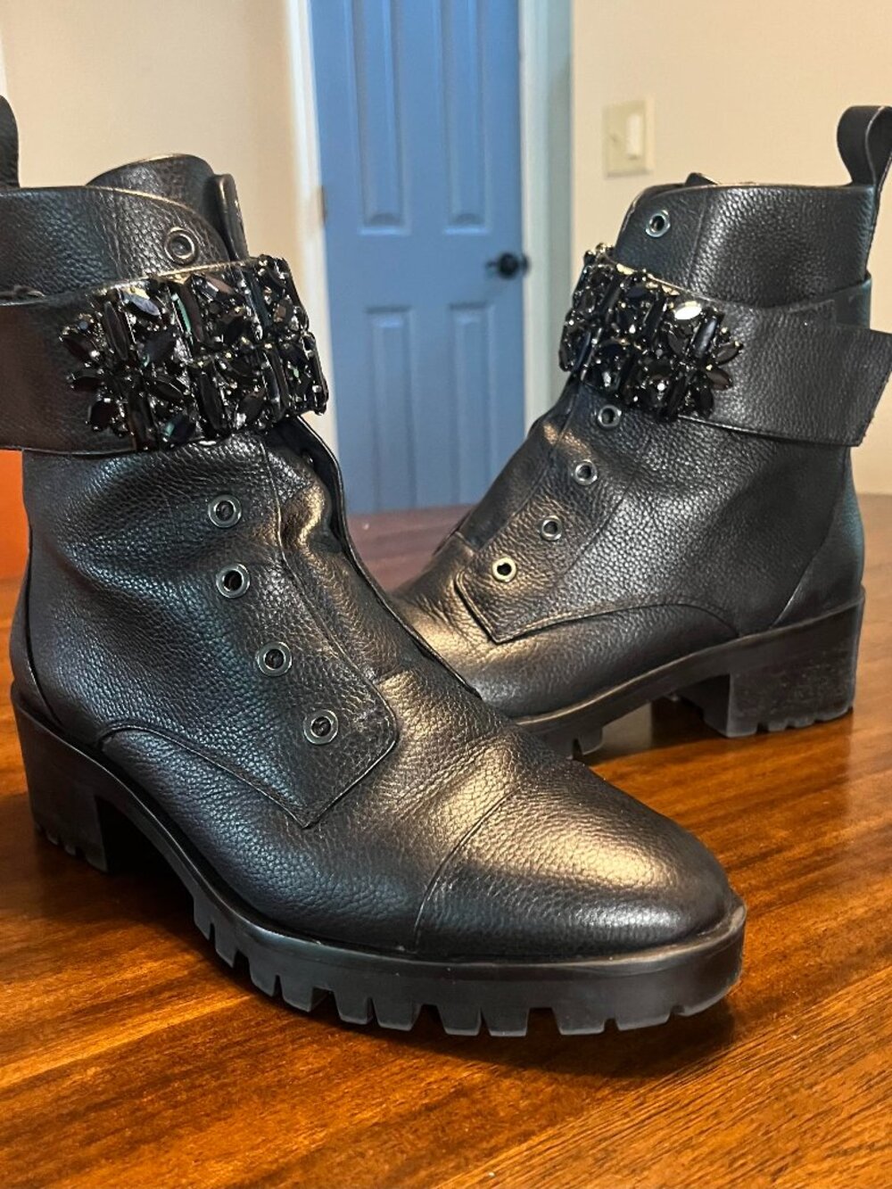 9M-Karl Lagerfeld Paris Pippa Black Leather Lug-Sole Jeweled Ankle Strap Boots